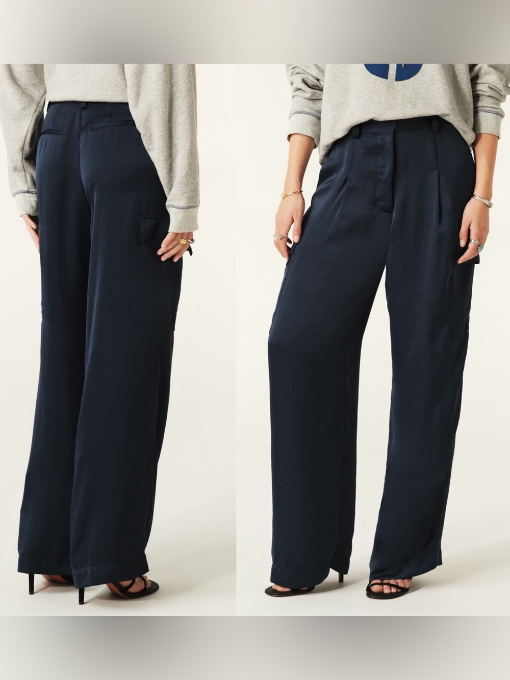Ba&sh Cary Wide-Leg Navy Cargo Dress Pants slinky fabric